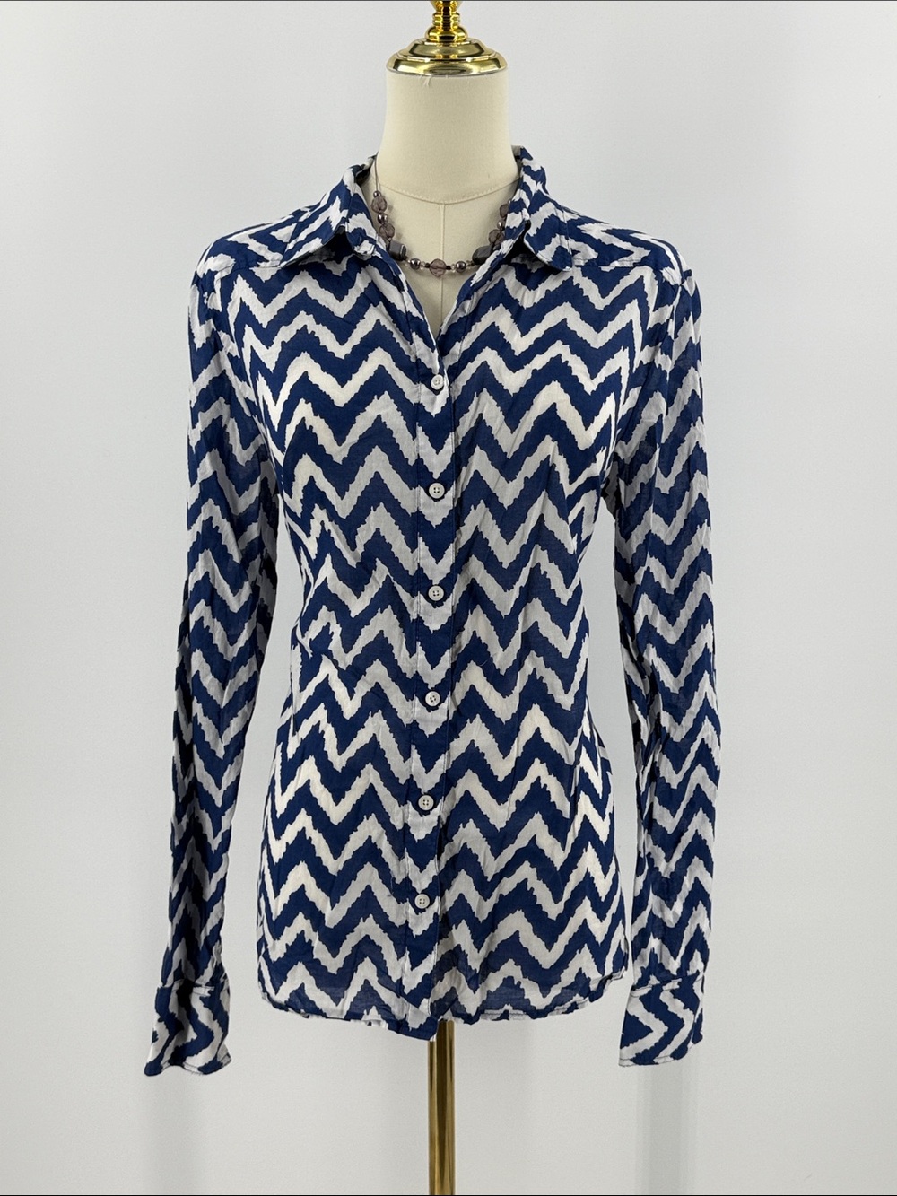 Dalia Collection Navy and White Chevron Button-Down Shirt